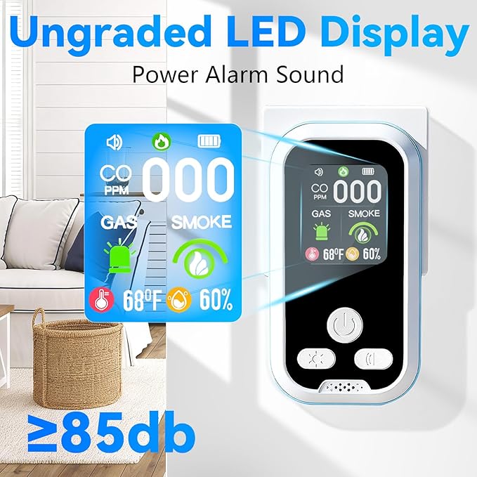 6-in-1 Carbon Monoxide Detector 2 Pack Combo with LCD Display, Detects CO, Natural Gas, Smoke, Temperature, Humidity for Home, Hotel, RV, Apartment Safety, Monoxide Alarm HD Screen