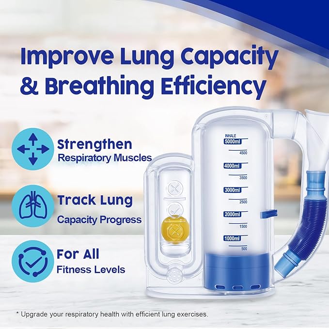 Incentive Spirometer Adult, Breathing Exercise Device for Lungs, 5000ml Capacity for Deep Inhalation, Durable Medical-Grade PC Material | Airflow Indicator for Steady Inhalation Practice