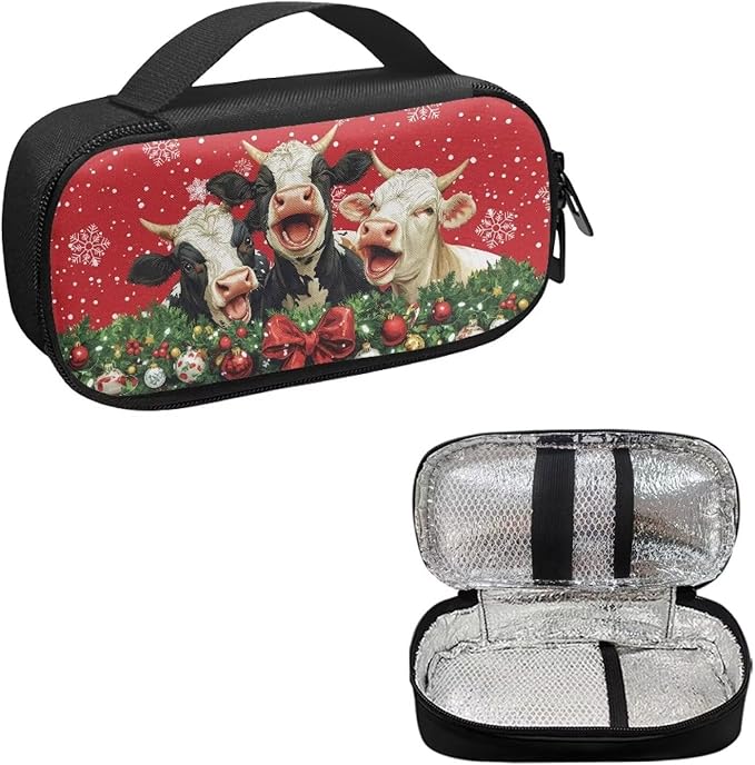 Xmas Cow Pattern Insulin Cooler Travel Case with Handle and Pockets for Insulin Pens and Diabetic Medical Organizer for Diabetes and Other Diabetic Supplies, Red Christmas Decor