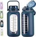 74 oz Glass Water Bolttles with Straw Large Motivational Water Bottle with Time Marker Sports Water Bottles with Silicone Sleeve and Handle Lid 2.2L Water Jug for Gym Workout