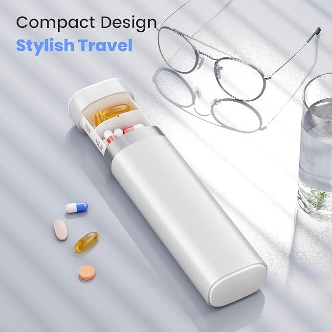 Pill Organizer 7 Day, Travel Pill Box with One-Handed Opening Design, Drawer Medicine Organizer 1 Time a Day, Travel-Friendly Small Case for Medication, Vitamins & Supplements(White)