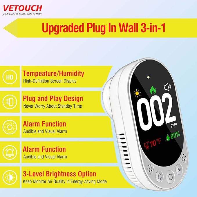 Plug-in Carbon Monoxide Detector with Digital Color Display CO Detector for CO, Temperature & Humidity, 85dB Loud Alert, Self Test Function vetouch CO Detector, for Home, Bedroom, Kitchen, RV