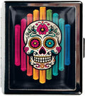 Metal Pill Organizer Box with Mirror – 8 Compartment Chrome Pill Case, Pocket-Size Travel Pill Container for Vitamins, Seniors, Daily Use (Sugar Skull on Rainbow)