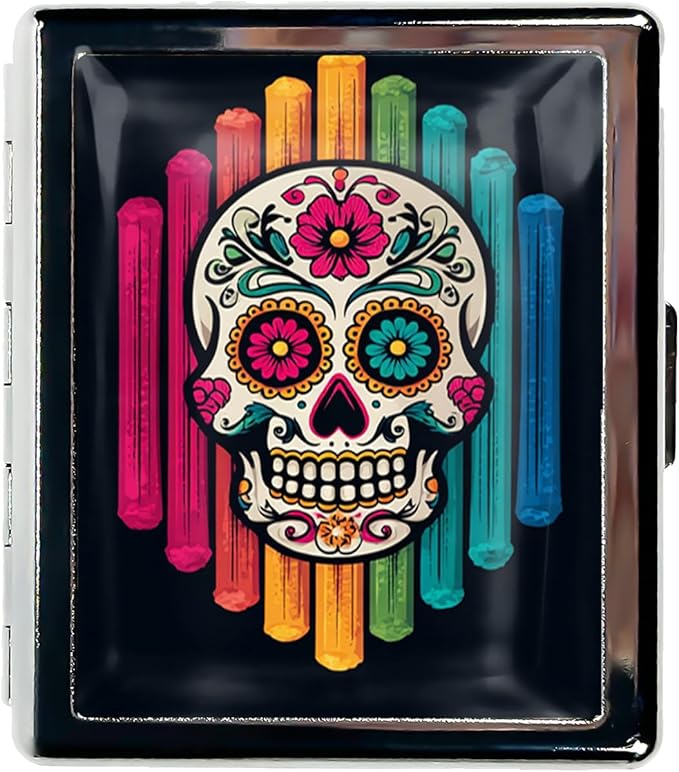 Metal Pill Organizer Box with Mirror – 8 Compartment Chrome Pill Case, Pocket-Size Travel Pill Container for Vitamins, Seniors, Daily Use (Sugar Skull on Rainbow)