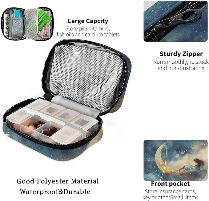 Fustylead Moon in Starry Sky Pill Organizers 2 Times A Day Pill Case Bag with Zipper Portable Weekly Pill Dispensers for Vitamin Supplement