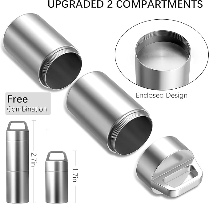 Small Pill Case (2 Compartments Design), Portable Metal Pill Holder Keychain Waterproof Pill Box Container Mini Stainless Steel Pill Organizer for Travel Purse Pocket