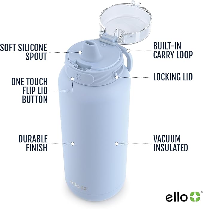 Ello Cooper 22oz Stainless Steel Water Bottle with Straw and Carry Handle, Double Walled and Vacuum Insulated Metal, Leak Proof Locking Lid with Soft Silicone Spout, Reusable, BPA Free, Halogen Blue