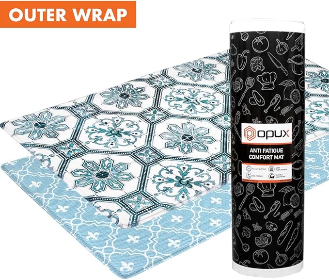 OPUX Anti Fatigue Kitchen Floor Mat, Reversible Cushioned Memory Foam Kitchen Rug Pad, Waterproof Non-Slip Padded Comfort Standing Mat Office Laundry Home, 32x17 (Floral Tile Blue)