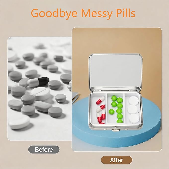2Pcs Small Pill Case with Mirror 3 Compartment Metal Pill Box for Purse and Pocket,Portable for Daily Vitamins and Medication(Silver)