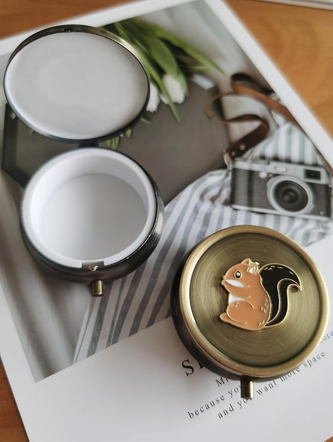 Cute Squirrel Pill Organizer Medicine Box - Small Round Portable Pill Box for Pocket, Bronze Durable Mini Pill Case for Purse, Decorative Metal Medicine Vitamin Organizer Classical Pill Holder