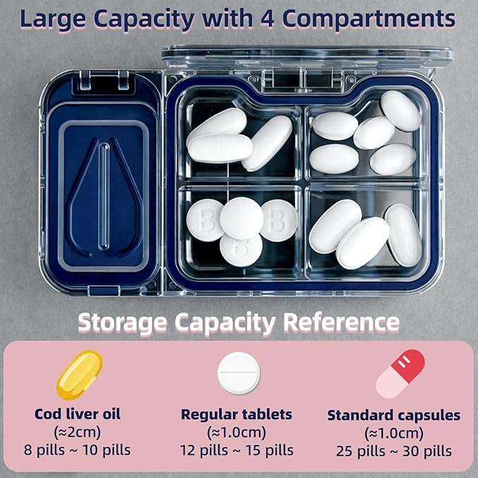 Portable Pill Cutter with Pill Organizer, 4-Compartment BPA-Free Moisture-Proof Pill Box, V-Slot Design for All Pills, Thickened Steel Blade & Safety Guard (Gray)
