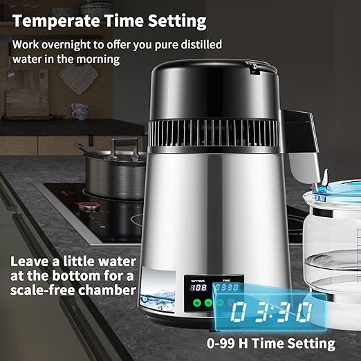 1.1 Gal Distilled Water Maker with 0-99H Timer, 750W Countertop Machine for Pure Water, Alcohol & Essential Oils, Includes Glass Carafe & Cleaning Kit