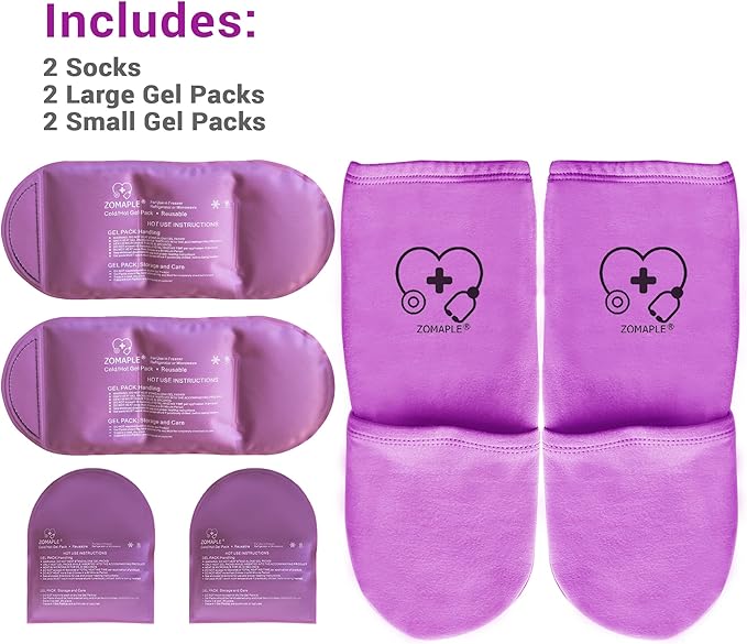 ZOMAPLE Cold Therapy Socks + Gel Packs, Purple, Medium – Soothe Burning Feet & Reduce Swelling – Hot/Cold Use, Touch Fasteners & Comes with 2 Large & 2 Small Gel Packs – Versatile Foot Ice Pack Wrap
