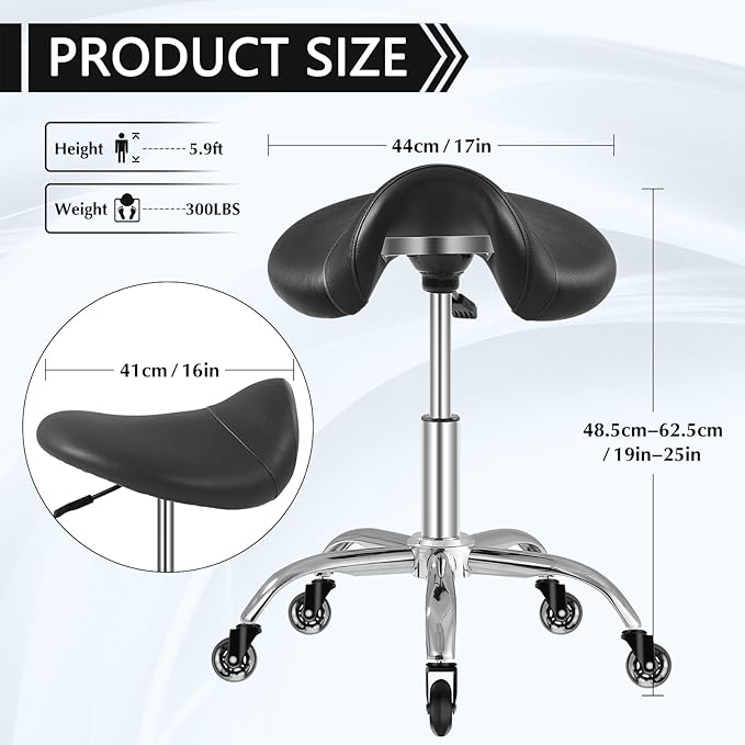 SALONFACTORY Saddle Stool with Wheels 300 lbs Weight Capacity, Heavy Duty Rolling Stool for Medical Massage Salon Kitchen Spa Drafting Nail-Tech,Height Adjustable,360 Swivel,Wide Thick Seat Padding