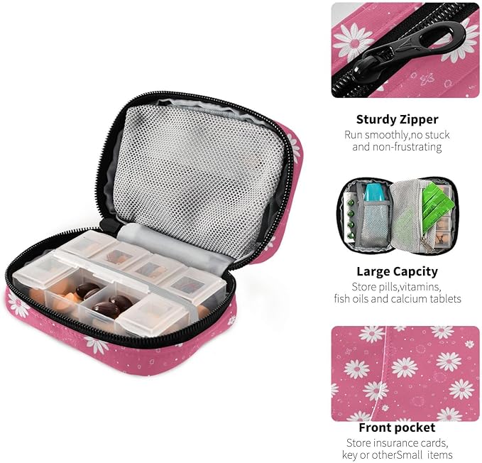 Flower Weekly Pill Organizer Case Travel Portable Pill Bag for Medicine Vitamin Large Capacity Zipper Medicine Organizer