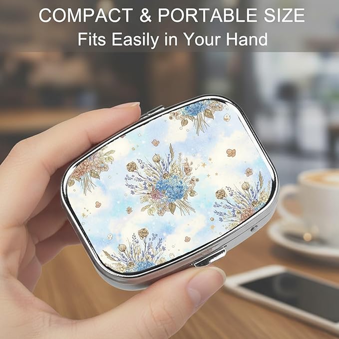 Square Pill Case Small Pill Box with Mirror Pocket 2 Compartment Vitamin Pill Medicine Case Organizer Pill Containers for Traveling