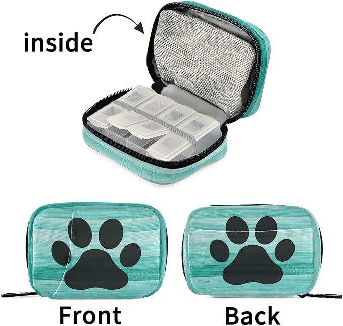 Ollabaky Teal Turquoise Wooden Striped Pill Case, Weekly Portable Dog Paw Pill Bag Container 7 Days Pill Box Organizer Vitamin Supplement Holder with Zipper for Travel Family Busines