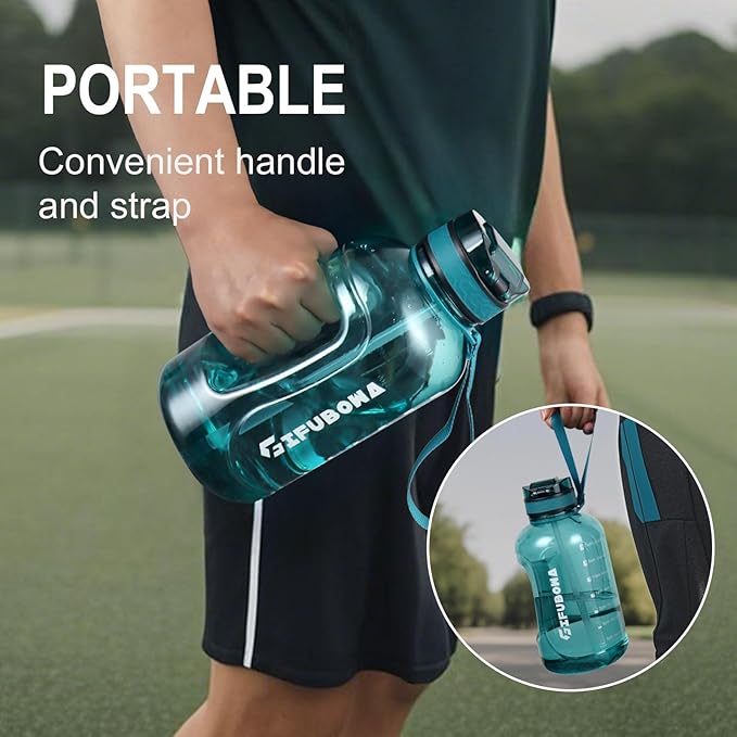 GIFUBOWA 64oz Sports Durable Water Bottle with Handle Leak Proof 2000ml Big Bottle with Straw and Time Marking Ideal for Gym, Running Outdoor or Indoor Activities Clear Cyan