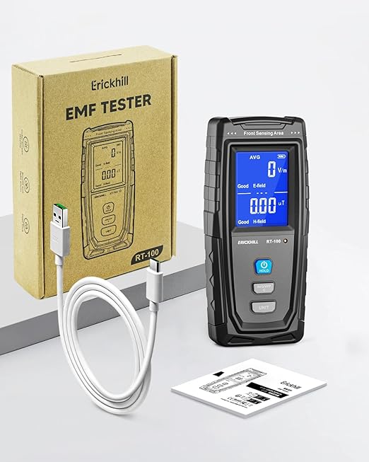 ERICKHILL EMF Meter, Detects Electric and Magnetic Fields, Handheld Digital EMF Detector with LCD Display, Sound-Light Alarm, Rechargeable Battery for Home, Office, and Appliances (Blue)