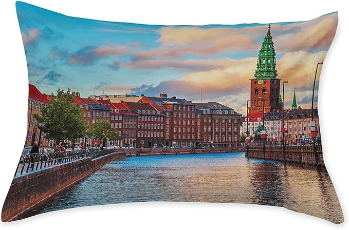 XISUNYA Decorative Fitted Sheet Set Full Size, European Deep Pockets Fitted Sheet & 2 Pillow Sham Set, Scenic Summer View at Sunset Copenhagen Denmark Printed Microfiber Bedding 3pc Set