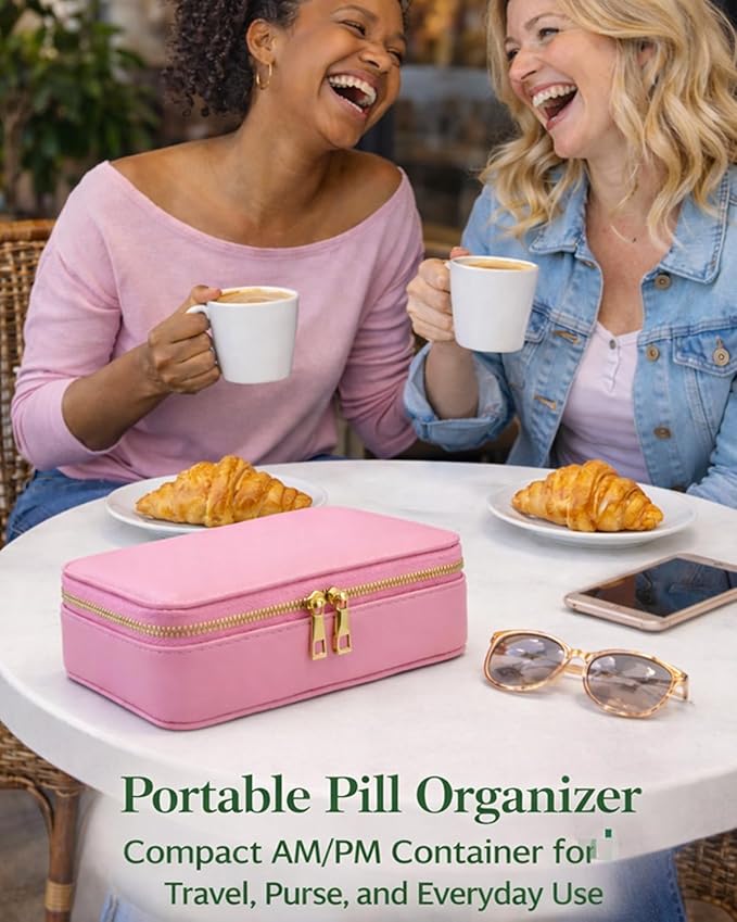 Pill Organizer 2 Times a Day, PU Leather Pill Case for Women, Portable Weekly Pill Box for Purse with Storage Bag to Hold Vitamins, Medications, Fish Oils, Supplements