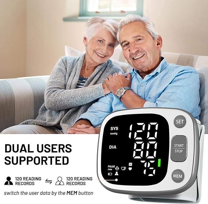 Oklar Blood Pressure Monitors for Home Use Rechargeable Wrist Digital BP Machine Cuff with LED Backlit Display, Voice Broadcast, 240 Memory Storage for 2 Users with Carrying Case, Grey