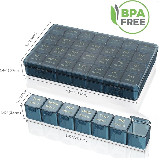 Lifewit Monthly Pill Organizer, 28 Day Pill Box, 4 Weeks One Month Vitamin Cases, Large Compartments Medicine Organizer for Fish Oils, Supplements, 28 Grids, Blue