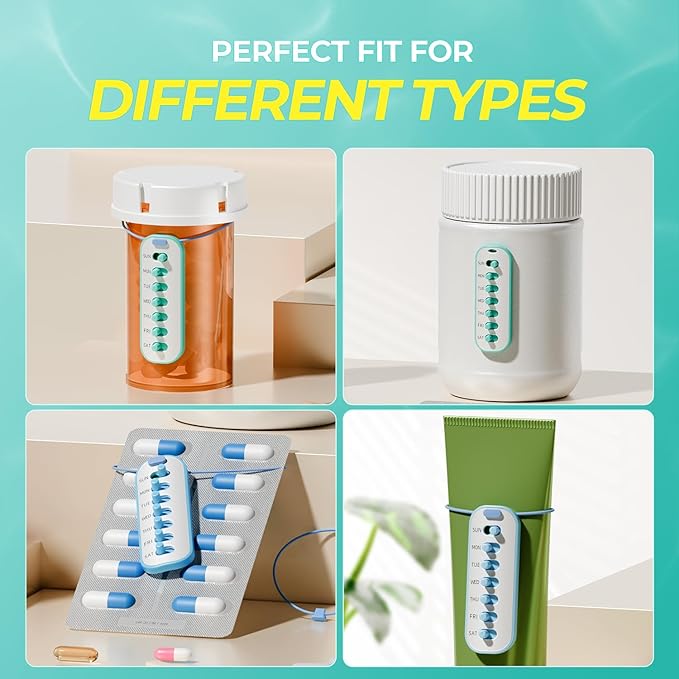 Odaro 4 Pack Pill Reminder, Lanyad or Sticker Pill Tracker, Work with Most Bottles, Reusable Medication Tracker Replacement of Vitamin Weekly (7 Day) Medicine Organizer