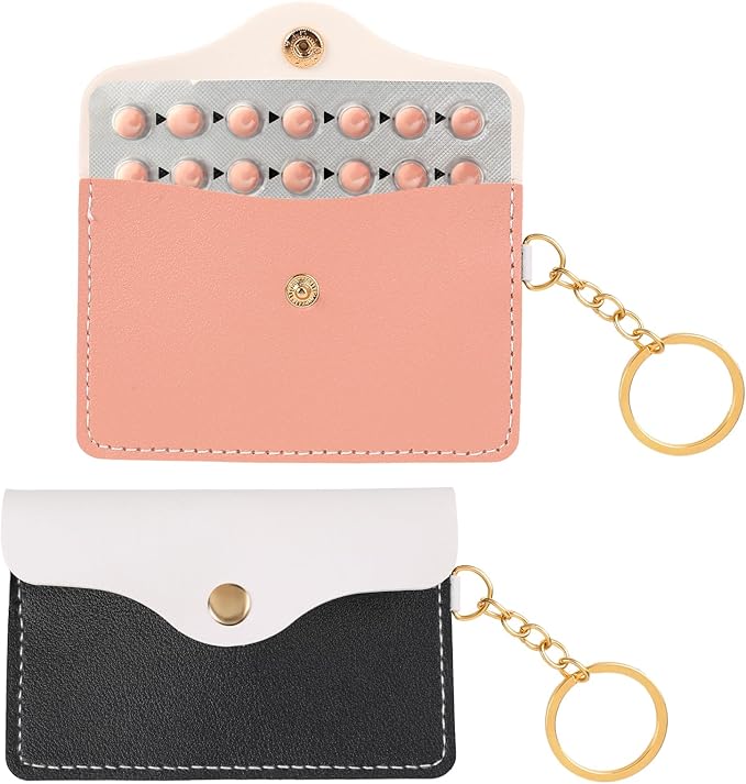 2 Pack Contraceptive Medicine Holder Birth Control Pill Case Sleeve Packet PU Leather Wallet Pill Holder, Birth Control Case with Snap Closure and Keyring, 4.33 x 2.87 Inch, Black/Pink