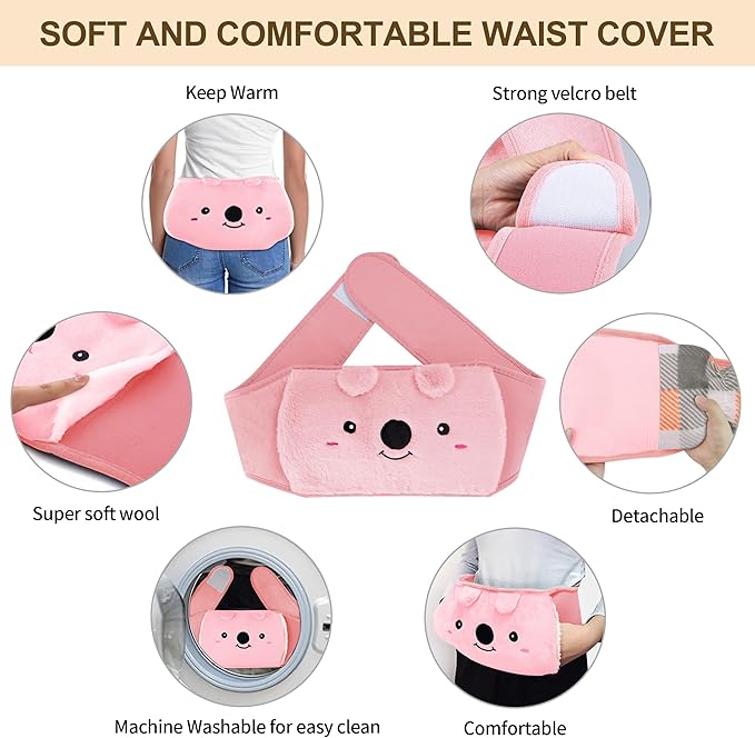 Hot Water Bag, Hot Water Bottle with Waist Cover for Menstrual Cramps, Pain Relief, Warm Water Pouch with Soft Plush Hand Waist Warmer Cover