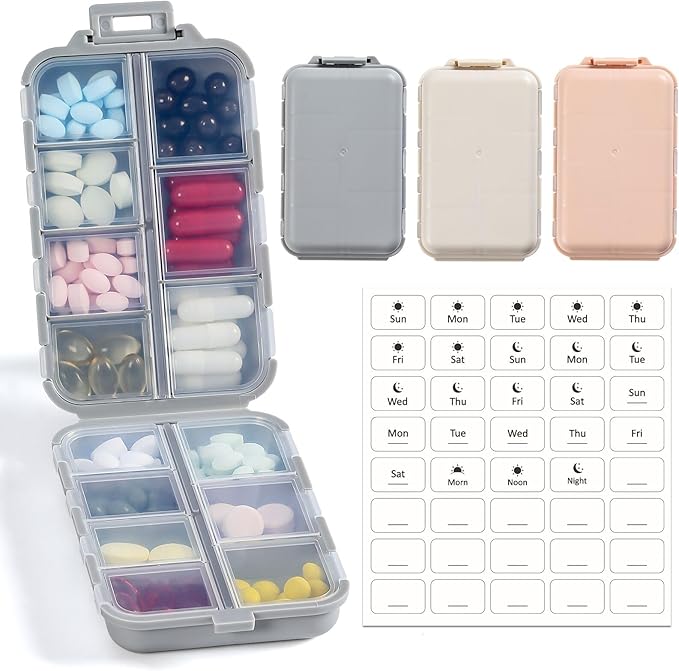 Foldable & Portable Weekly Pill Organizer 2 Times A Day with Etched Labels, Clear Blue + 3 Pack, 14 GRIDS Travel Pill Organizer Box