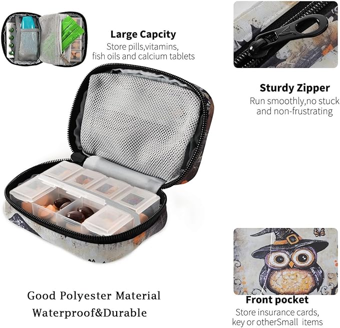 Fustylead Halloween Funny Cute Owl on Branch Travel Pill Case Bag with Zipper Weekly Pill Box 8 Compartments 7 Day Personal Pill Case Purse Medicine Case Organizer
