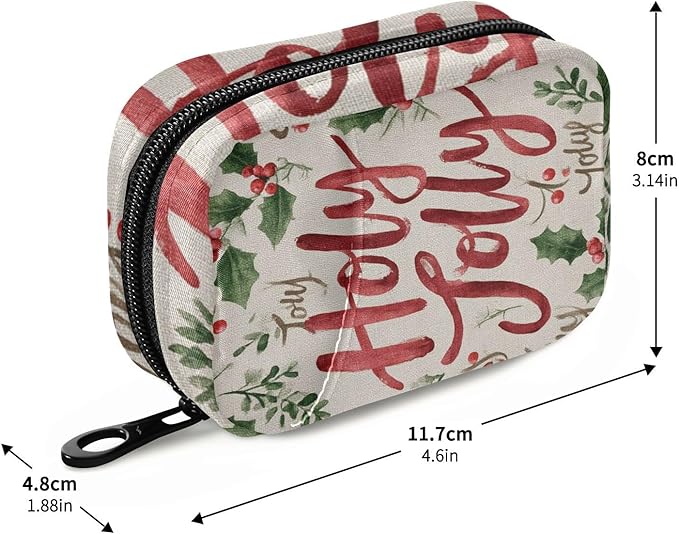Beige Winter Cherries Holly Jolly Travel Pill Organizer Case Box Container Weekly Portable Vitamin Medicine Holder Storage Bag with Zipper Removable