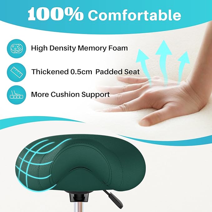 YEEZEE Saddle Stool Ergonomic- Comfortable Rolling Saddle Stool with Wide Thick Saddle Seat Padding, Swivel Adjustable Saddle Chair with Wheels and Ring Pedal for Medical Massage Salon (Green)