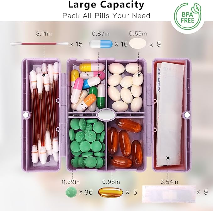 FYY Travel Pill Organizer with Blank Lables,6 Compartments Magnetic Pill Organizer Pill Box for Purse Pocket to Hold Vitamins,Cod Liver Oil,Supplements and Medication-Purple