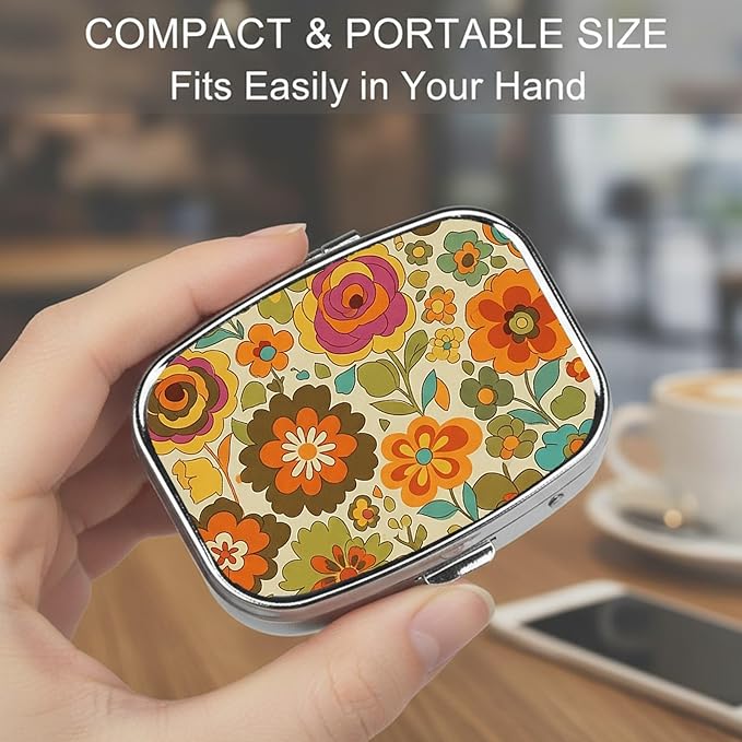 Square Pill Case Small Pill Box with Mirror Pocket 2 Compartment Vitamin Pill Medicine Case Organizer Pill Containers for Traveling Vintage Flower Petals Two