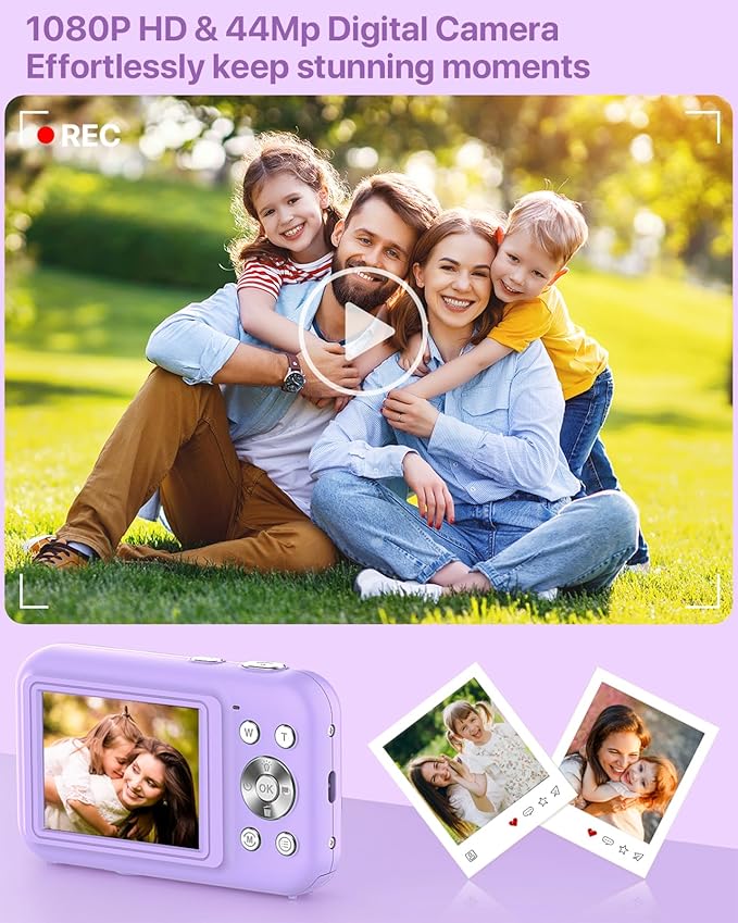 Digital Camera for Kids, FHD 1080P 44MP Vlogging Camera (Purple Color Cameras Without Card), 16X Zoom Point and Shoot Kids Digital Camera Compact Portable Rechargeable Cameras for Kids -Purple