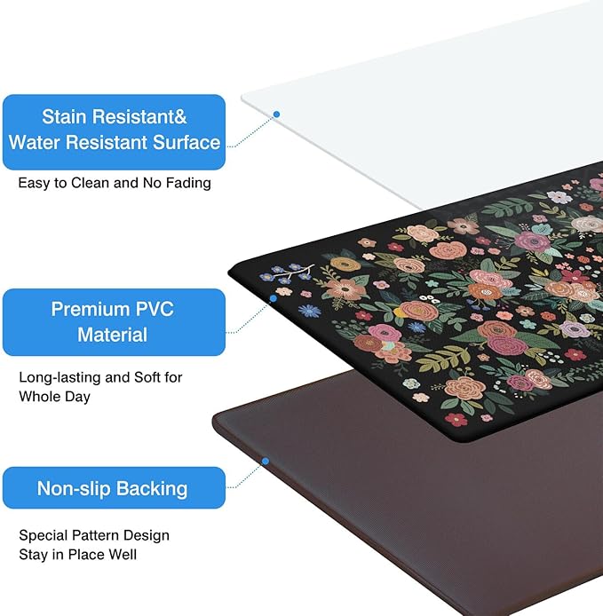 Anti Fatigue Boho Kitchen Rugs Set of 2, Floral Kitchen Mats for Floor, Farmhouse Kitchen Decor, Anti-Slip and Anti-Fatigue Foam Standing Mat,17x30 inch Sink Mat+17x48 inch Runner Rug Black