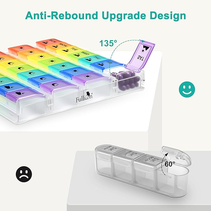 Fullicon Weekly Pill Organizer 4 Times a Day, Large Capacity Pill Case with Easy Fill, Medicine Organizer for Vitamin, Supplement & Pill, Great Gifts for Seniors (Clear Rainbow) - Patent Pending