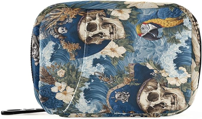 Pirate Skulls Waves Blue Travel Pill Organizer Case Box Container Weekly Portable Vitamin Medicine Holder Storage Bag with Zipper Removable