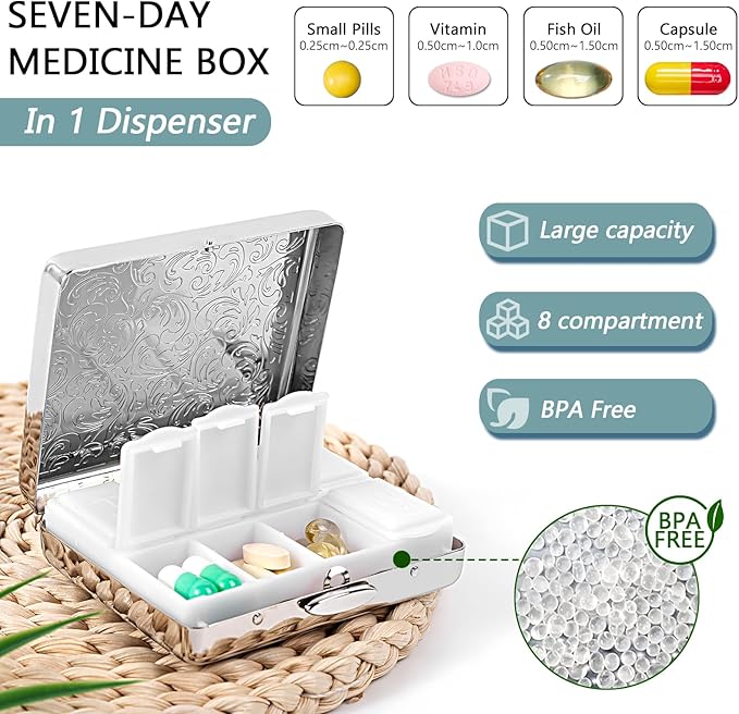 Pill Organizer 7 Days 8 Compartments, Travel Metal Pill Box, BPA-Free Portable Pill Box (Silver, Median)