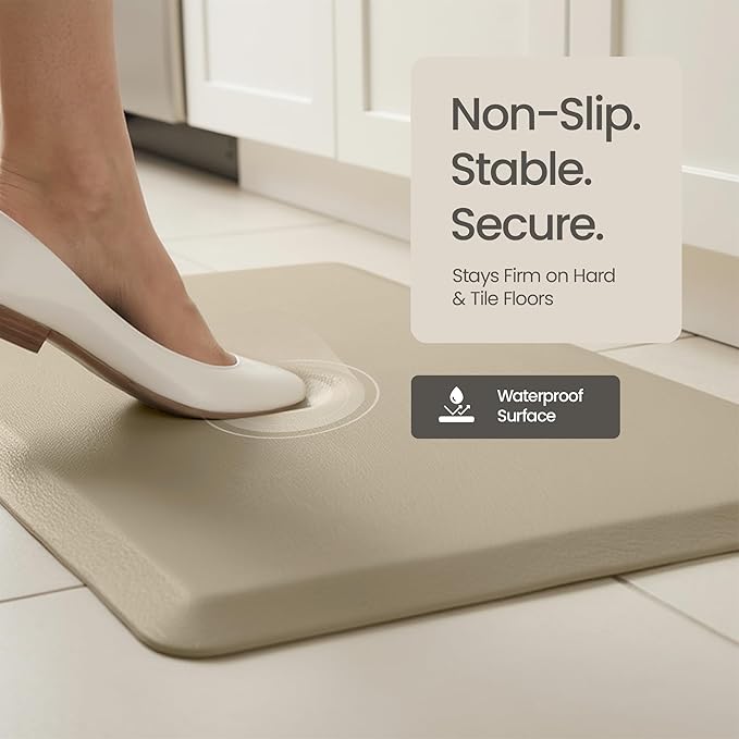 Anti Fatigue Kitchen Mats for Floor | Padded Kitchen Rugs | Non Slip, Cushioned Standing Desk Mat | Waterproof Floor Mat | 17.3" x 28" x 0.47" & 17.3" x 47.2" x 0.47", Beige, 2-Pack | More Décor