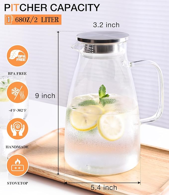 Glass Pitcher with Lid, 2 Liter 68oz Water Pitcher with Handle and Spout for Fridge, Borosilicate Glass for Iced Tea, Juice, Sangria, Cold/Hot Beverage, Large Jug