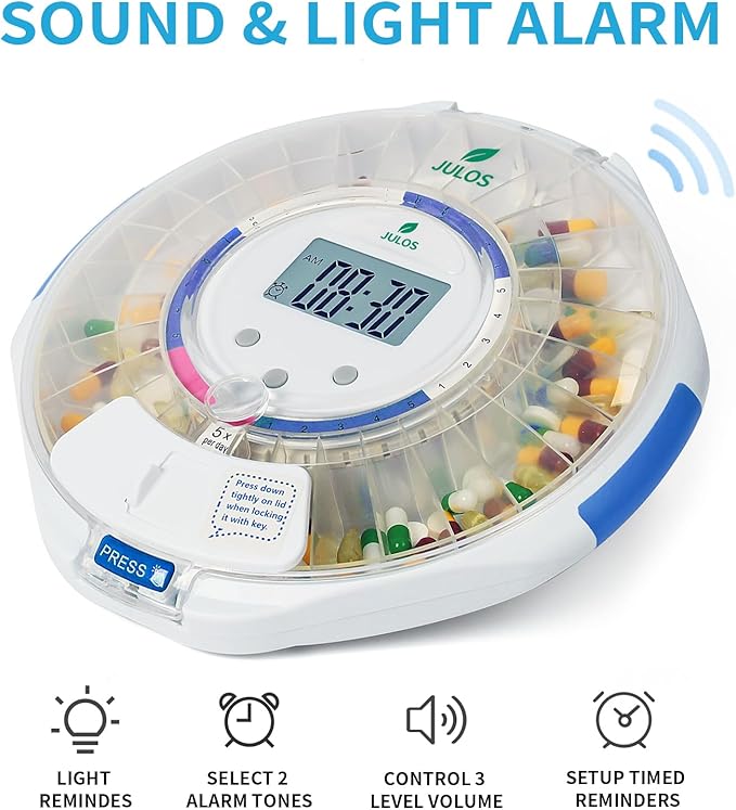 JULOS 28-Day Automatic Pill Dispenser with Alarm for Chronic & Alzheimer’s Care, Locked Medication Organizer w/Easy-Read LCD Display, Sound & Light & Alerts for Medication, Vitamins & More, Clear Lid