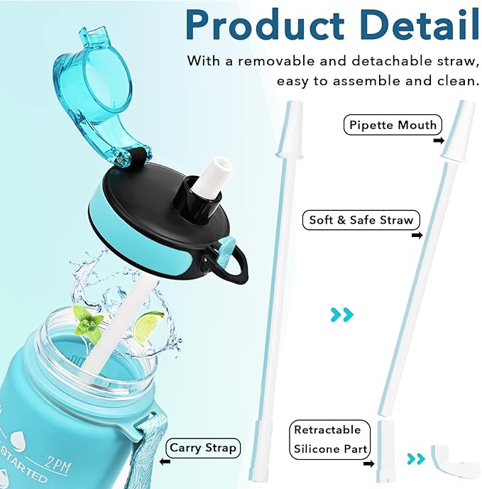 Enerbone Water Bottle, Leakproof BPA & Toxic Free, Motivational Water Bottle with Times to Drink and Straw, Fitness Sports Water Bottle with Strap for Office, Gym, Outdoor Sports