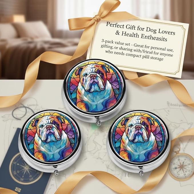 English Bulldog Dog Small Box for Pill,3 Compartment Pill Case Travel Medicine,Portable Pocket or Purse Pill Organizer Container Holder Hold Vitamins, Medication, Fish Oil Supplements