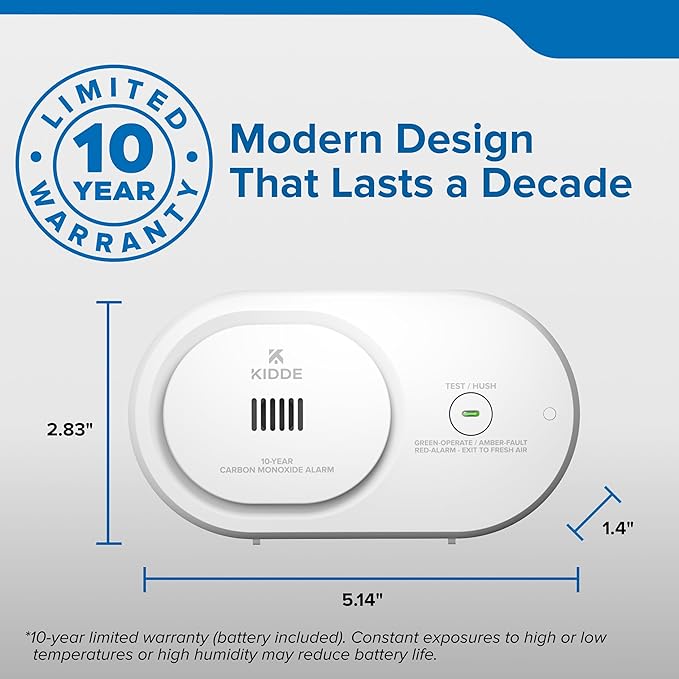 Kidde Carbon Monoxide Detector, 10-Year Battery Powered, LED Status Indicators, 85 dB Alarm, 5th Edition, COB10