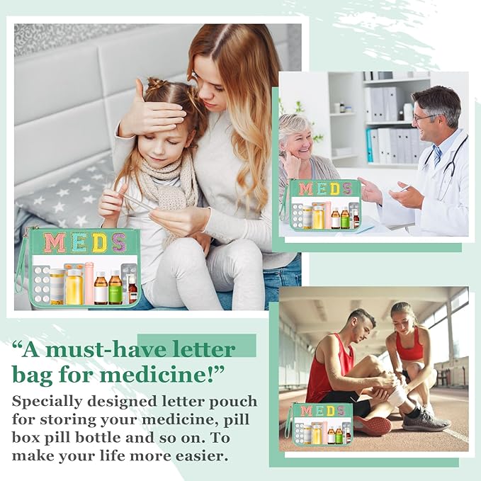 Chenille Letter Bag Clear Makeup Pouch, Preppy Patch Small Medicine Bag Travel Drugs Pills Zipper Pouch With Wristlet, Waterproof Portable Meds Storage Organizer for Patient Nurse (MEDS-Green)
