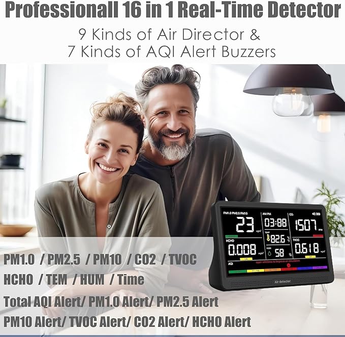 Professional Indoor Air Quality Monitor with 7X AQI,16 in 1 Portable Real-Time Detector for PM2.5 | PM10 | CO2 | TVOC | HCHO | Temp | Hum for Home Cars Plants Pets