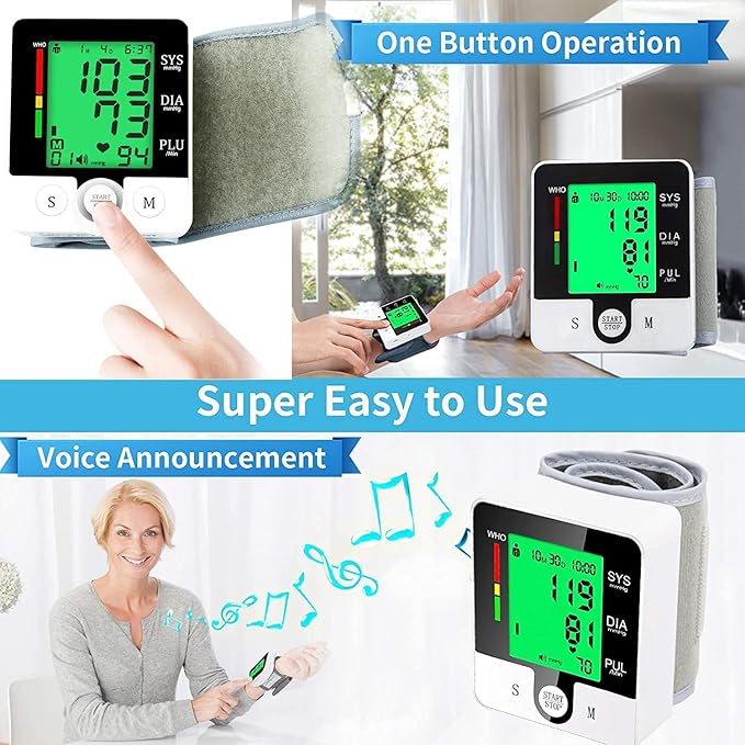 Wrist Blood Pressure Monitor, Automatic Digital Home BP Monitor Cuff - Accurate, Intelligent Voice, LCD Tri-Color Backlight, USB Charging, Adjustable Cuff, Irregular Heartbeat & Hypertension Detector